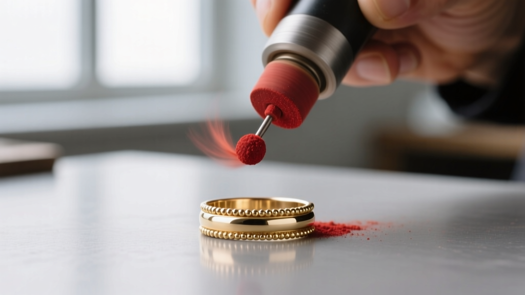 Jeweler using a rotary polishing wheel with rouge compound on a vintage 10k white gold ring, focusing on intricate milgrain edges.