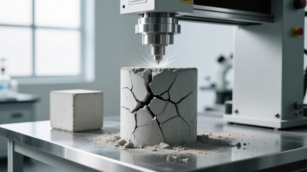 Close-up of a universal testing machine crushing a 6x12 inch concrete cylinder while a 150mm concrete cube sits nearby on a steel lab bench