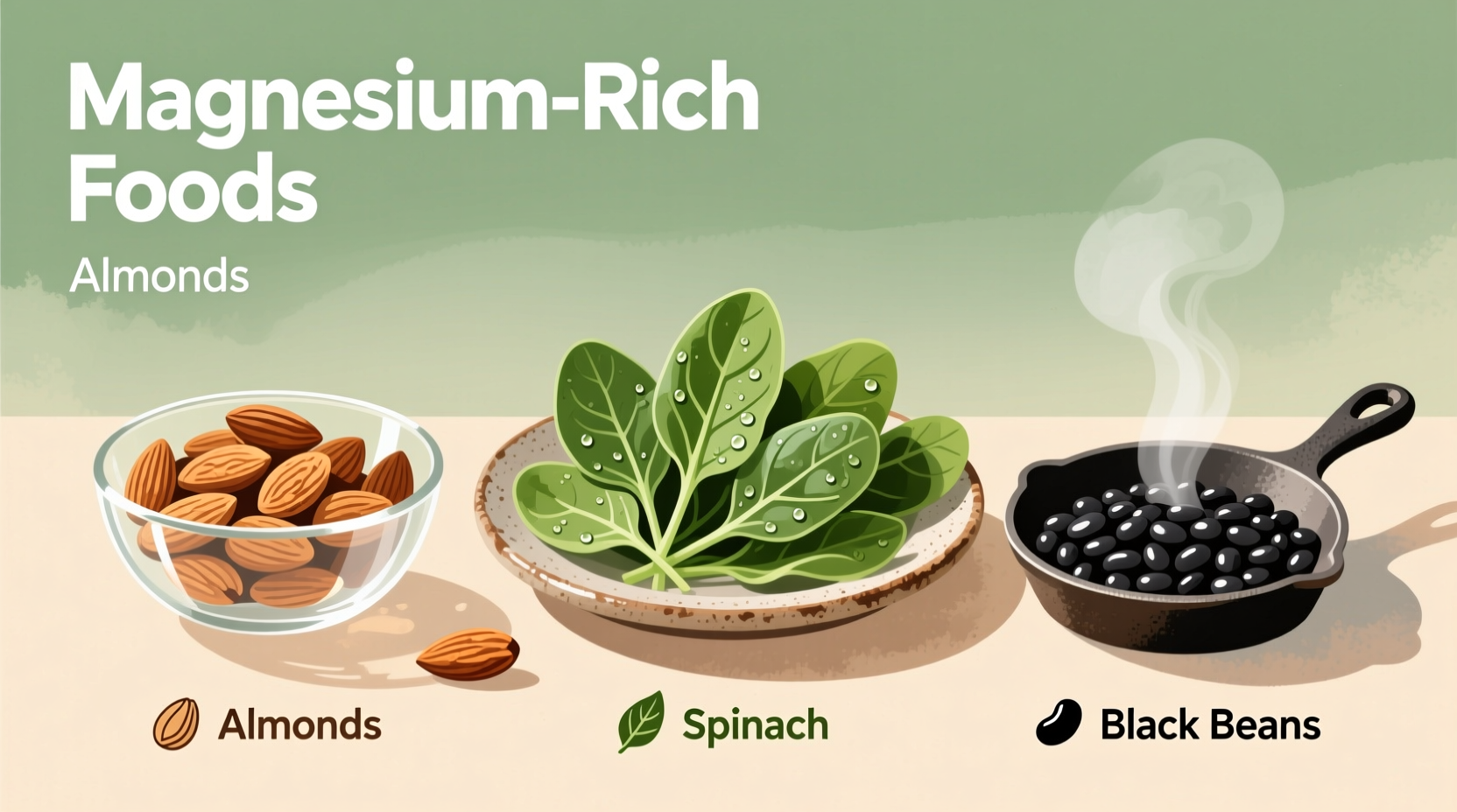 Magnesium-rich foods including almonds, spinach, and black beans