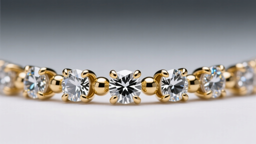 Microscope view showing 1mm melee diamonds set in a shared-prong tennis chain with highly polished 14k gold beads and prongs.