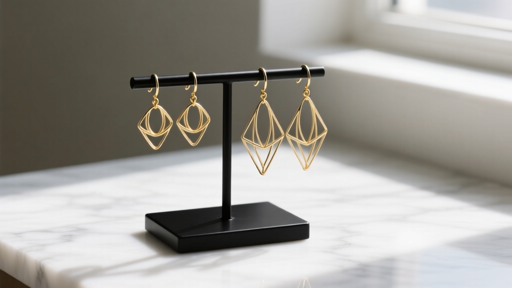 Matte black metal earring display stand holding delicate 20-gauge gold wire geometric earrings on a clean white marble surface