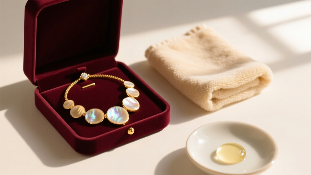 Flat lay of a gold mother of pearl necklace in a velvet-lined box next to a soft microfiber cloth and mild soap, warm lighting.