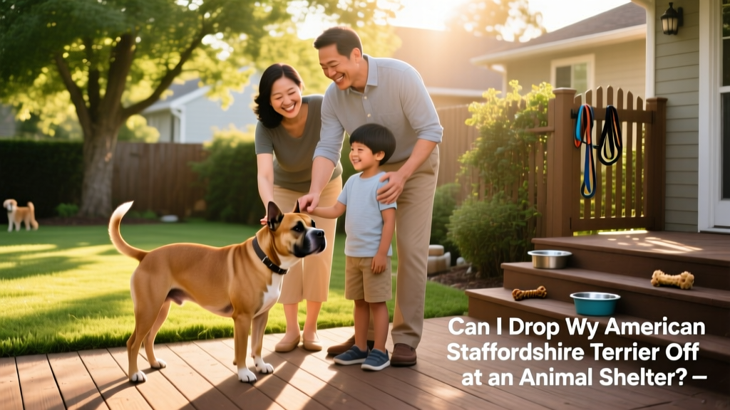 A family smiling while meeting an American Staffordshire Terrier in a sunlit backyard