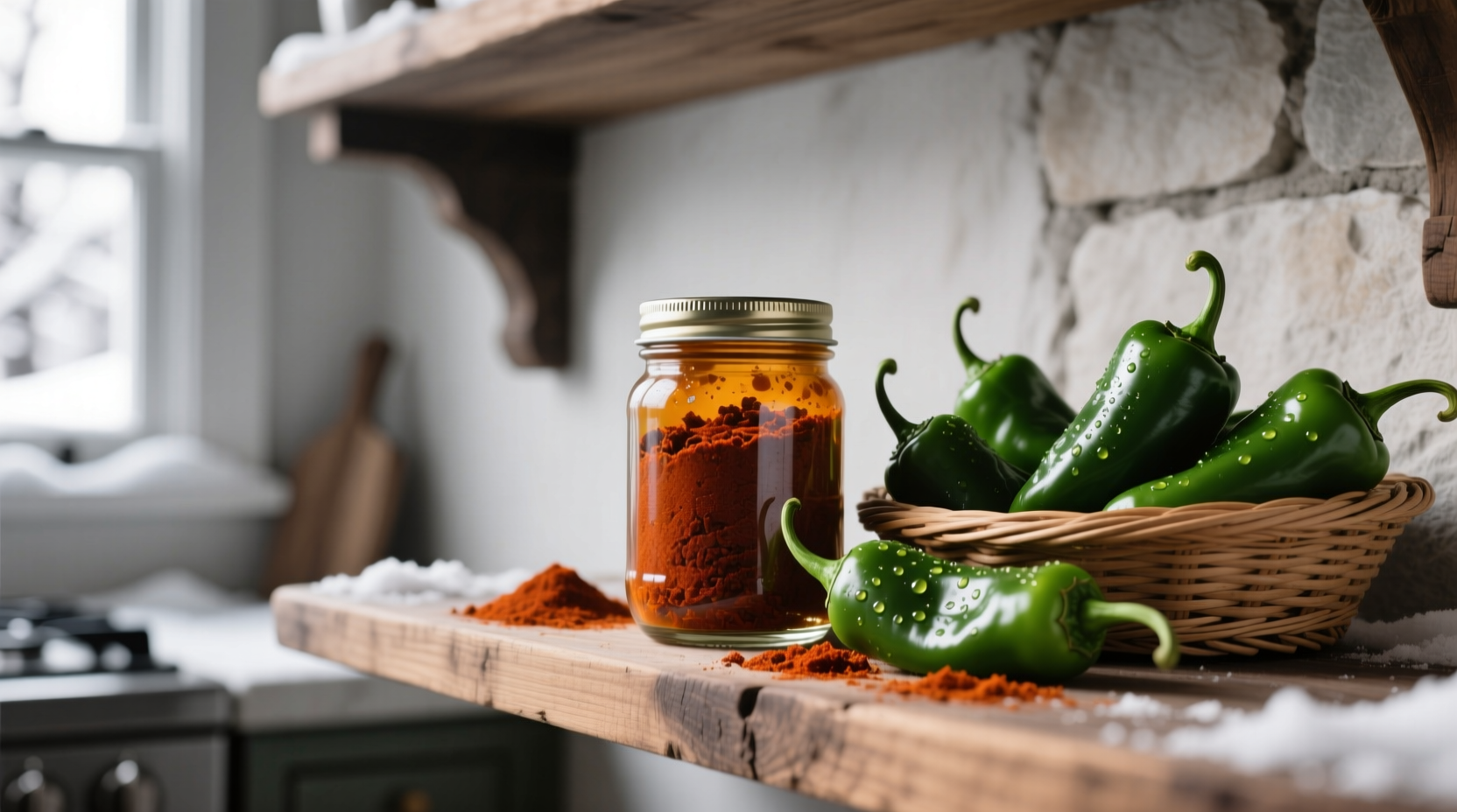 Seasonal cooking constraint: smoked paprika jar beside fresh jalapeños in January pantry, showing why smoke substitutes fail for authentic adobo during off-season pepper shortages