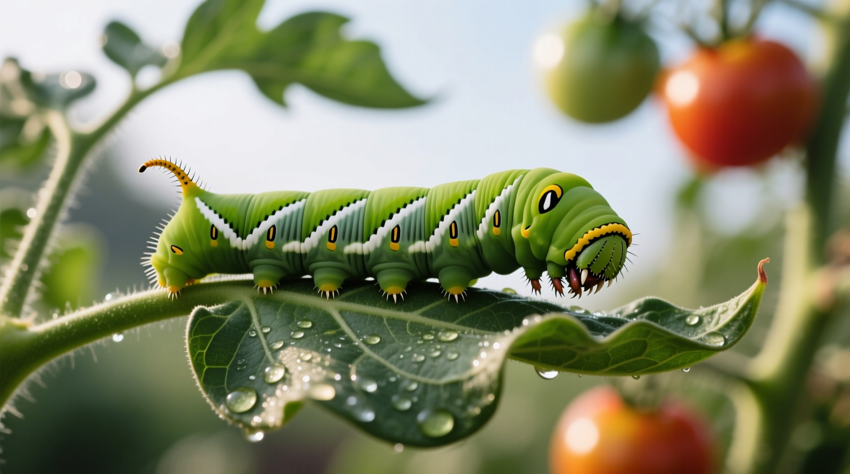 Tomato hornworm on tomato plant leaf