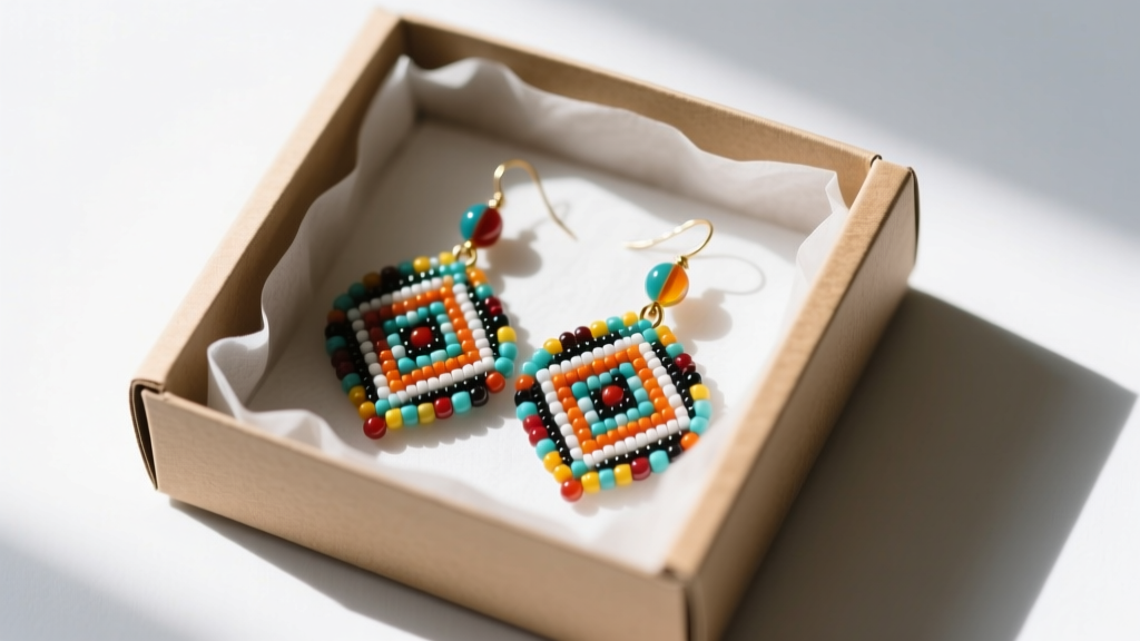 Handcrafted native beadwork earrings stored inside an archival acid-free cardboard box with unbuffered tissue paper padding.