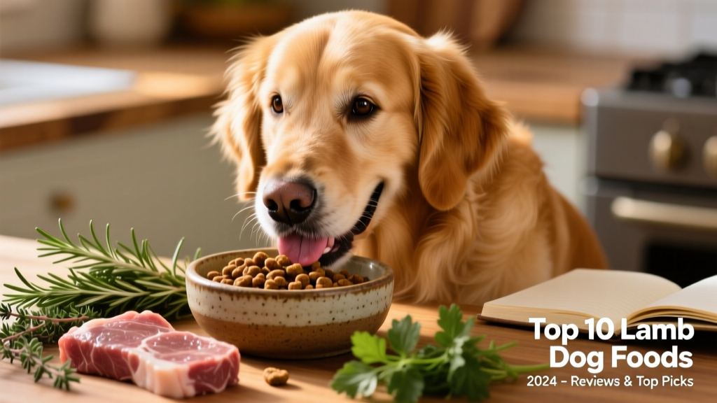 A close-up of a golden retriever happily eating kibble from a ceramic bowl, with fresh lamb slices and herbs nearby