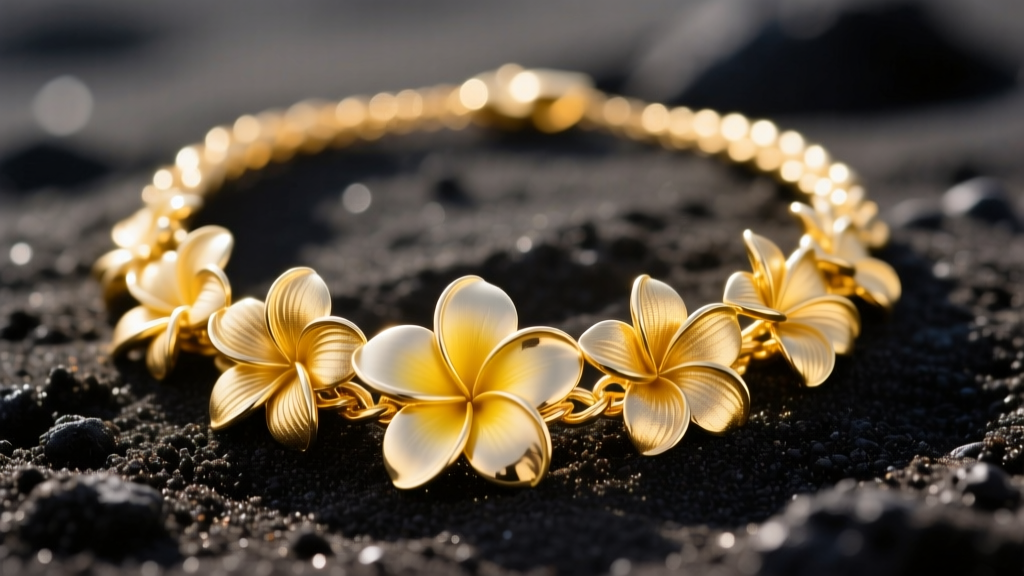 Close-up of a 14k yellow gold Hawaiian plumeria flower lei necklace resting on dark volcanic sand under soft natural sunlight