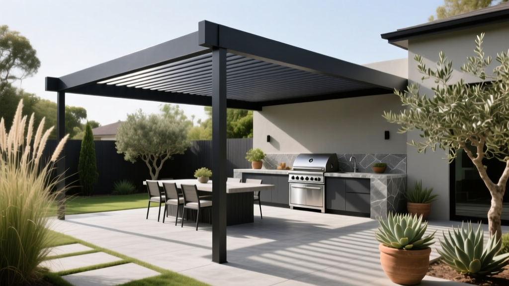 Modern backyard featuring a dark charcoal aluminum pergola with a louvered roof over a stamped concrete patio and outdoor kitchen