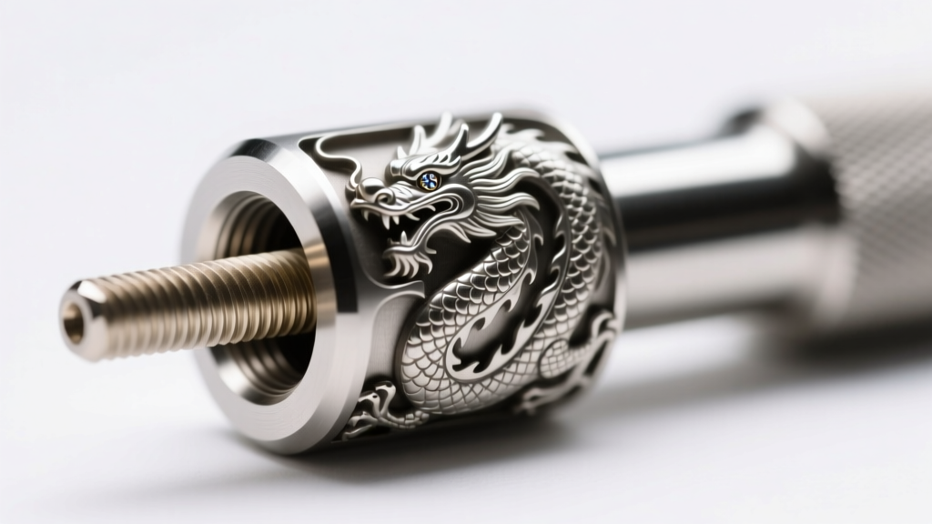 Close-up of a 16-gauge internally threaded titanium post on a dragon motif, revealing precise thread pitch and polished finish.