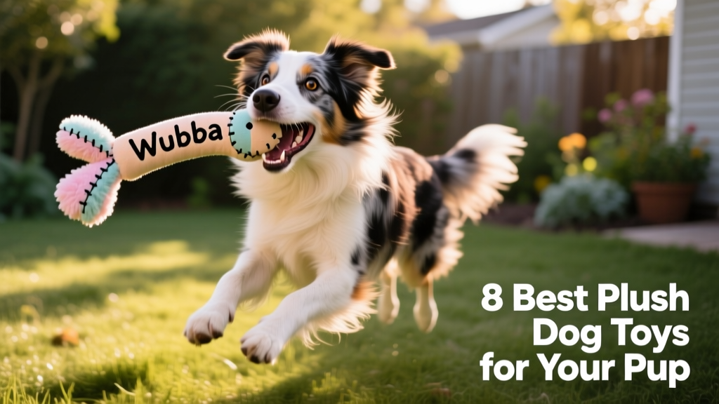 A playful border collie mid-air catching a long-tailed Wubba-style plush toy