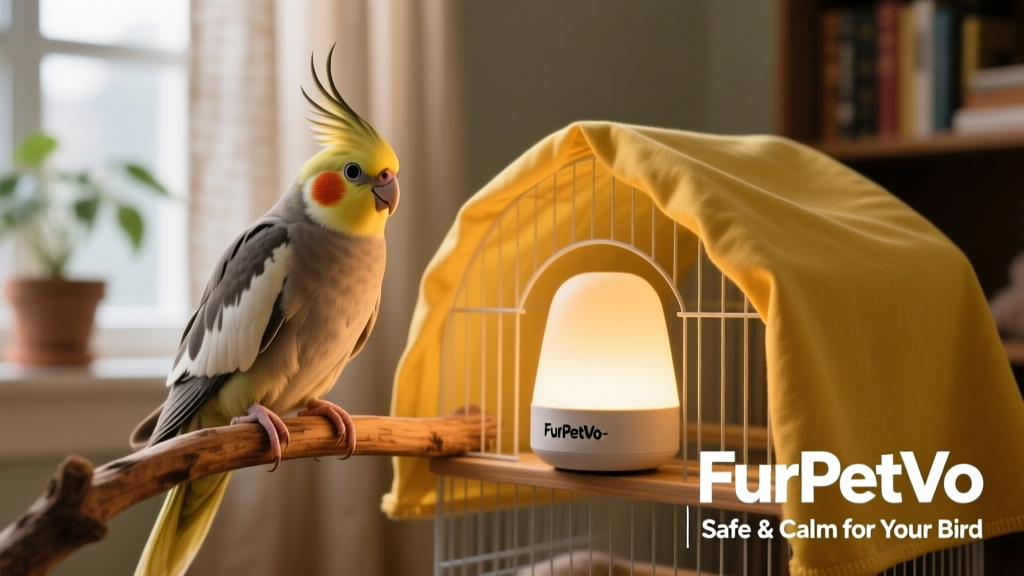 A calm cockatiel resting peacefully on a perch beside a FurPetVo-branded night light and soft yellow cage cover