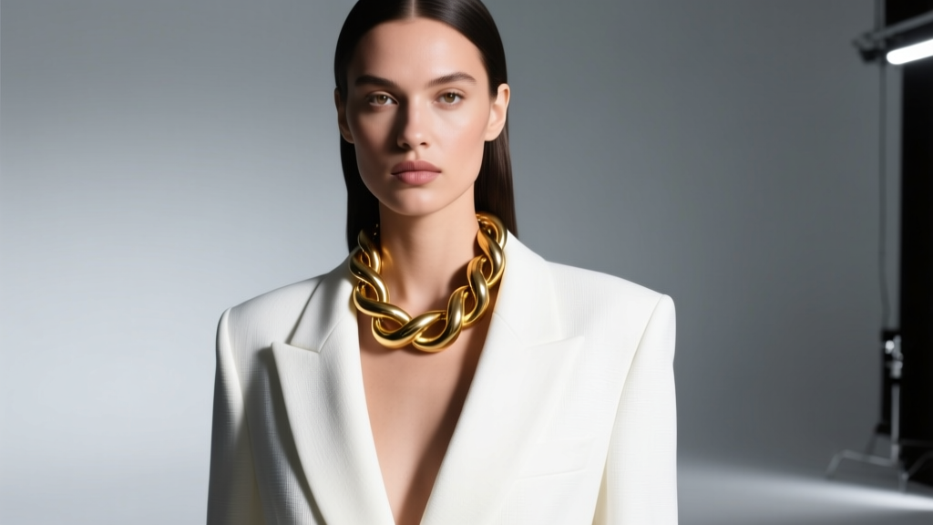Fashion model wearing a gold-plated brass macaroni necklace over a crisp white blazer, illuminated by bright studio lighting.