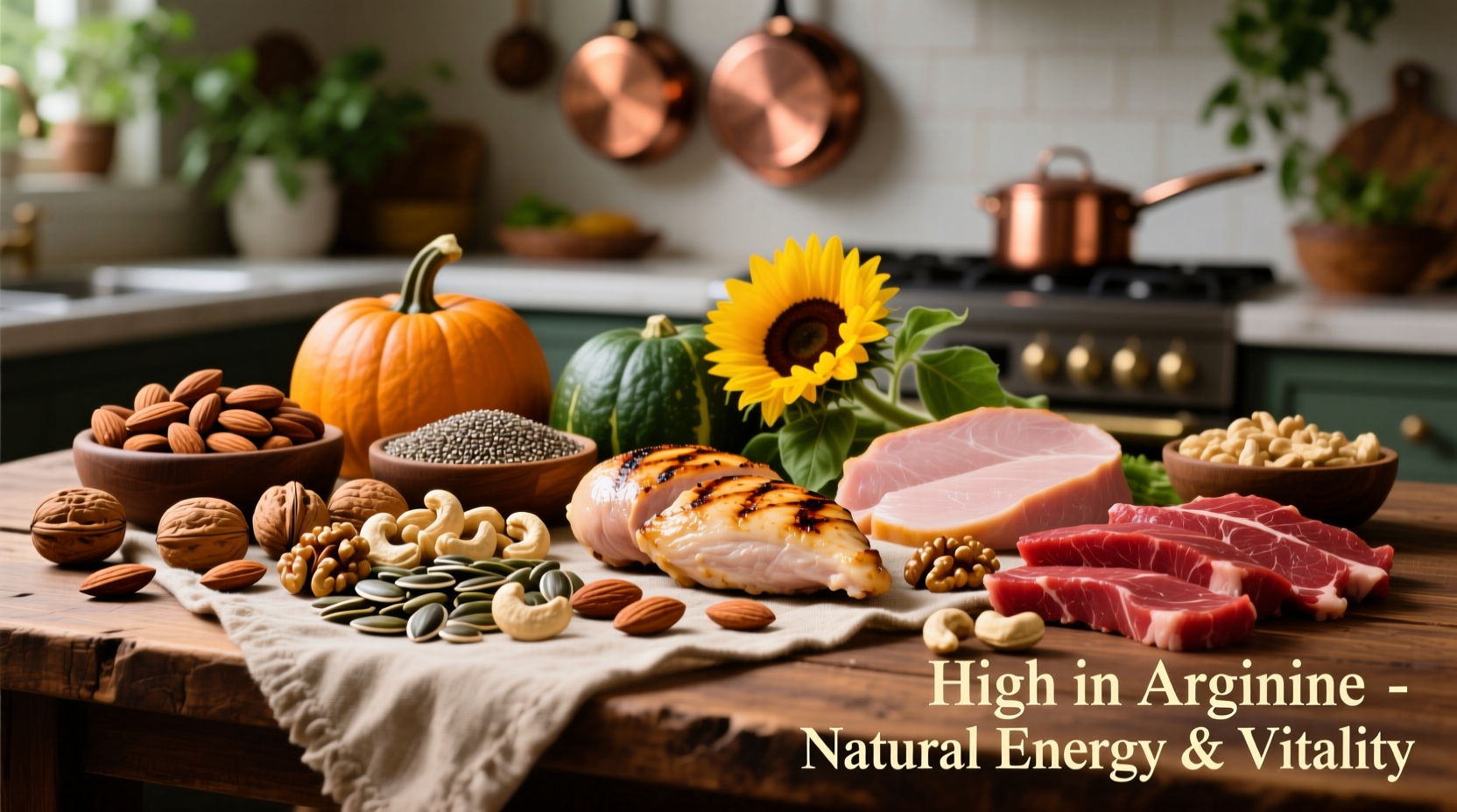 Colorful display of arginine-rich foods including nuts seeds and lean meats