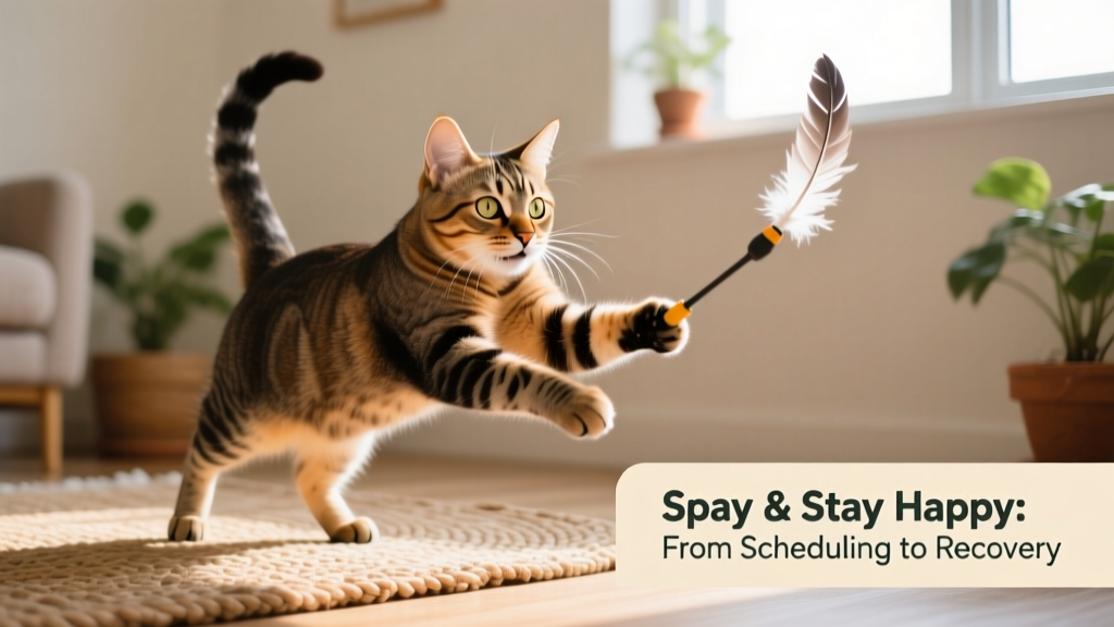 Happy, healthy adult cat playing gently with a feather wand toy, showing vibrant energy and confidence