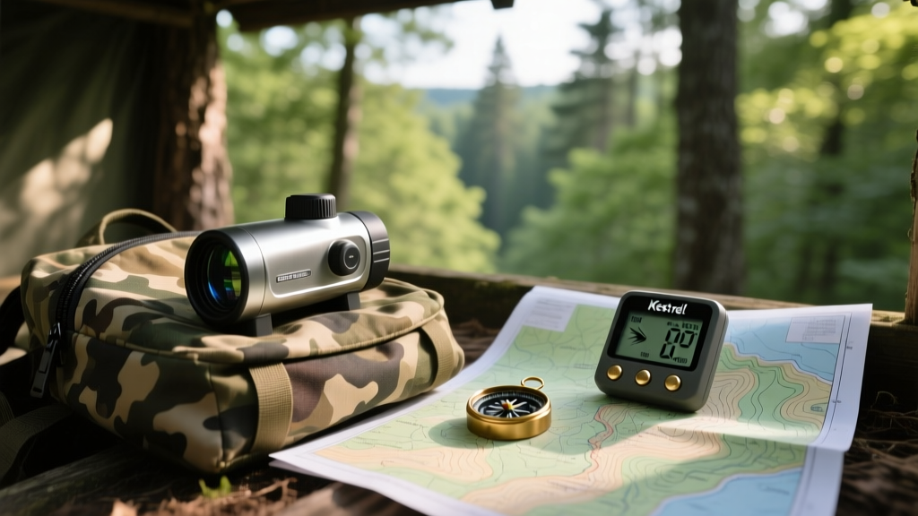 Precision laser rangefinder resting on a camo backpack next to a topographic map and Kestrel weather meter in a tree stand