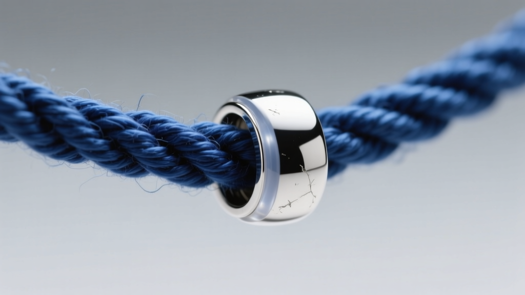 Macro shot of a silver ribbon crimp clamping a tightly twisted indigo cotton yarn necklace, revealing the clear epoxy seal inside.