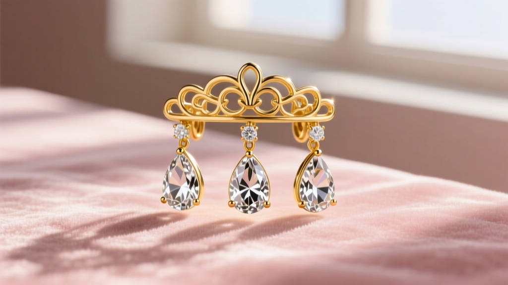 Close-up of 18k yellow gold girandole earrings with three pear-cut lab-grown diamond drops resting on faded pink silk velvet.