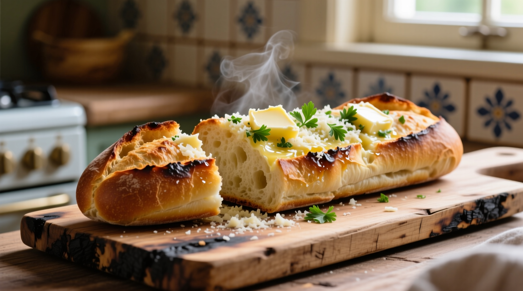 Homemade garlic bread spread on rustic baguette