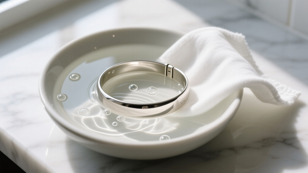 Overhead view of a soft microfiber cloth gently wiping a matte-finish pewter cuff bracelet submerged in a bowl of warm, soapy water.