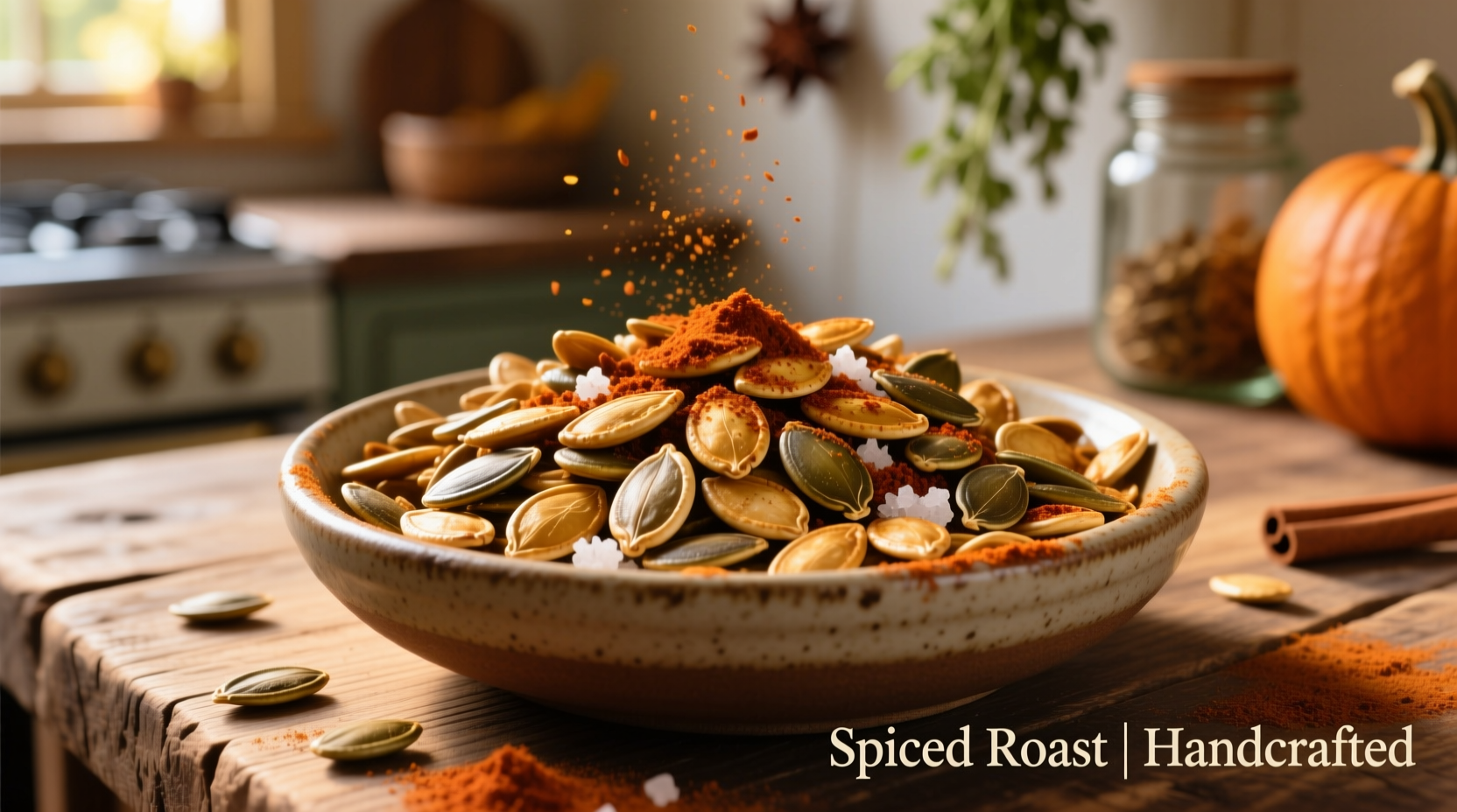 Roasted pumpkin seeds in a bowl with spices