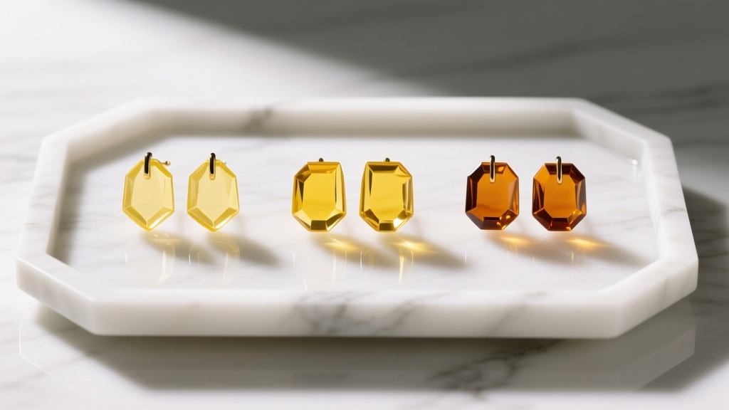Three pairs of yellow glass earrings in pale butter and deep amber shades arranged neatly on a white marble jewelry styling tray