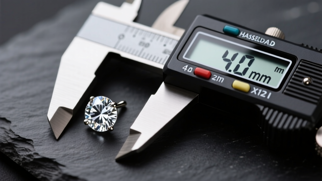 Macro shot of a 4mm diamond earring stud beside a digital caliper on dark slate, showing precise sizing under soft light.