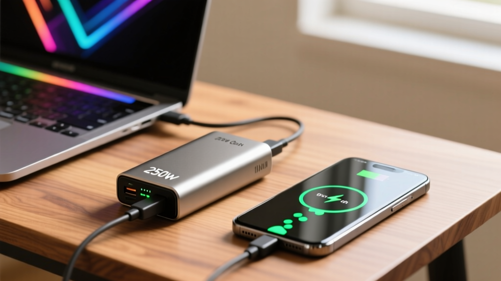 Close-up of a rugged 250W GaN power bank charging a high-end gaming laptop and a flagship smartphone simultaneously on a wooden desk