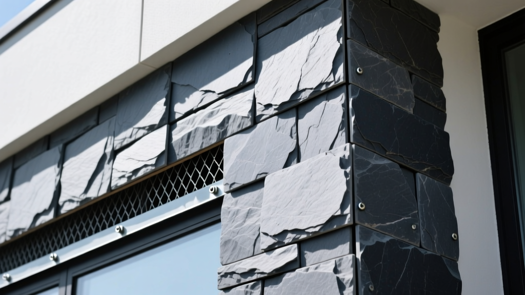 Close-up of interlocking manufactured stone veneer panels in slate gray being installed on a modern exterior wall with metal lath visible