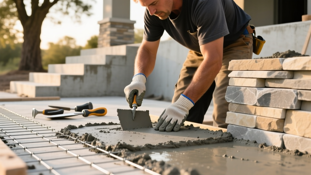 Mason troweling polymer-modified gray mortar onto a wire lath scratch coat preparing to install stacked stone veneer panels outdoors