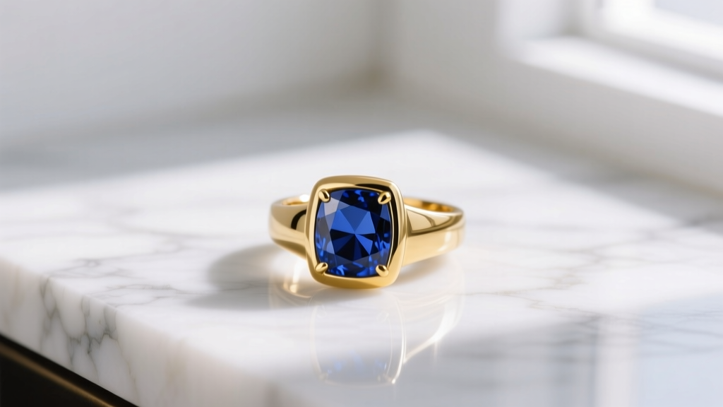 Custom 18k yellow gold bezel-set cobalt blue spinel ring on a marble countertop, highlighting the deep saturation and high polish.