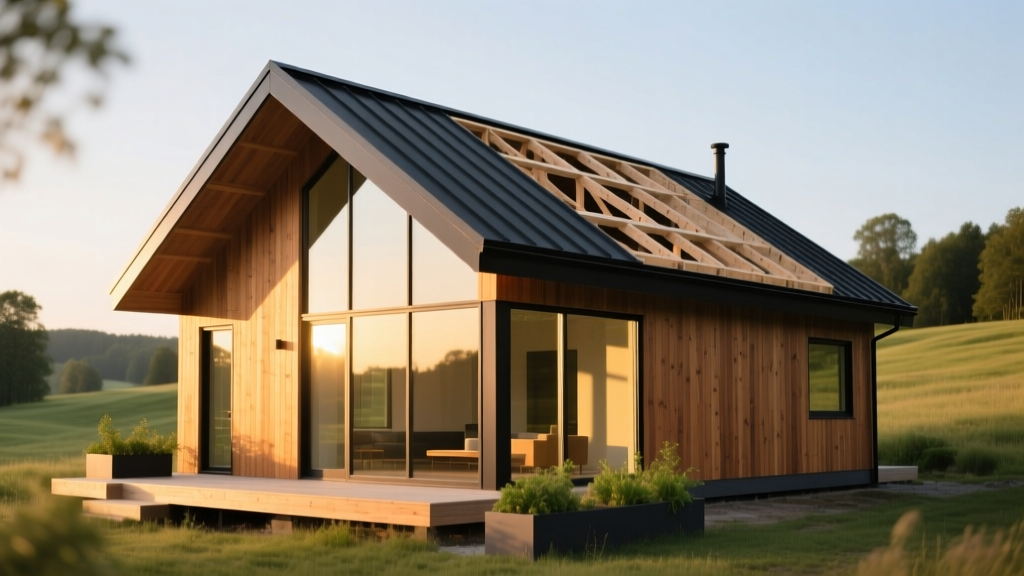 Modern 800 square foot minimalist cottage with large front windows, cedar siding, and a metal roof under construction with framing visible.