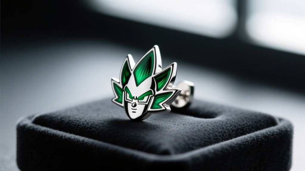 Close-up of a sterling silver Goku Black potara earring replica with green enamel details, resting on a dark velvet display pad.