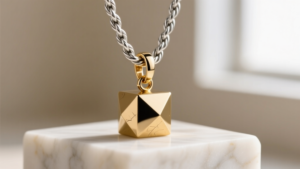 Macro jewelry photo of a 2.0mm work-hardened sterling silver rope chain connecting to a heavy brass geometric pendant via a reinforced jump ring.