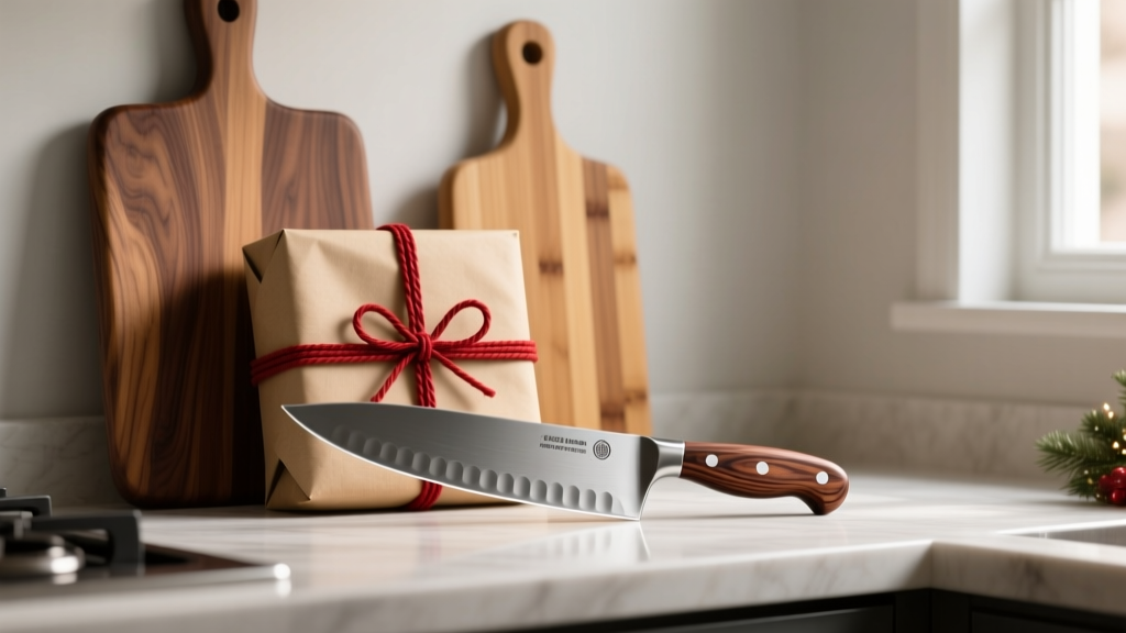 Holiday kitchen counter with premium walnut and bamboo cutting boards wrapped in kraft paper and red twine next to a forged chef knife