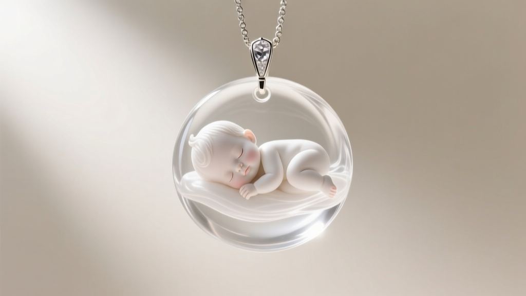 Close-up of a clear resin pendant encapsulating white baby's breath flowers, resting on a dark slate surface with soft shadows.
