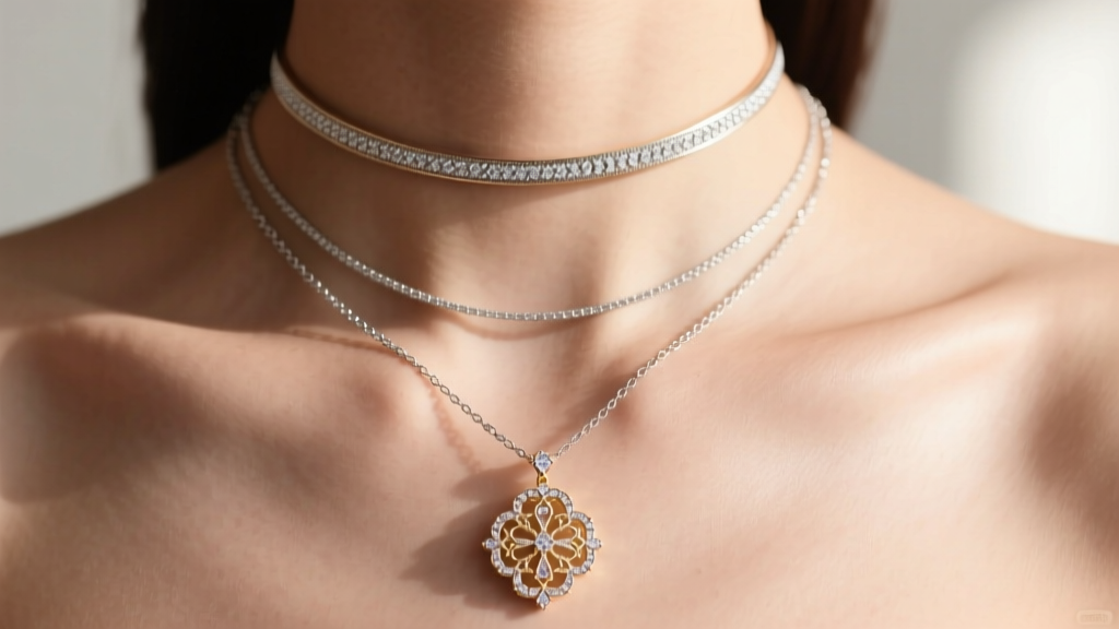 Close-up of a models collarbone showing a 16-inch choker, an 18-inch Vera Wang princess pendant, and a 20-inch plain silver chain