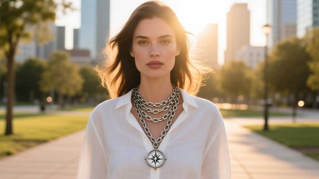 Woman wearing a layered steel bike necklace and compass pendant over a white linen shirt during golden hour outdoor lighting.