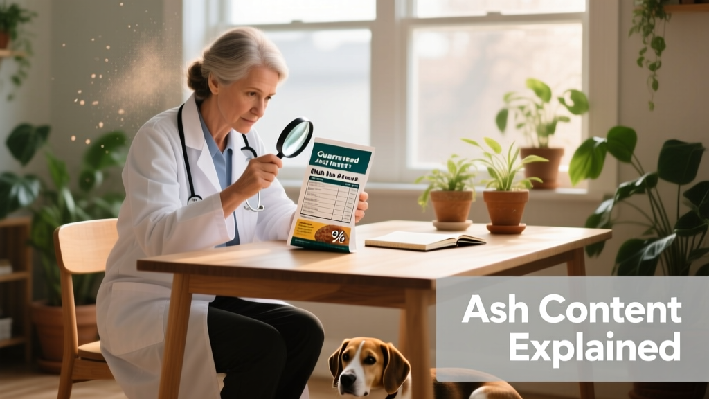 Veterinarian reviewing a pet food label with a magnifying glass, highlighting the Guaranteed Analysis section