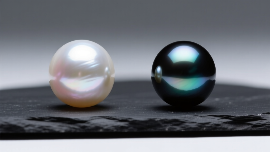 Side-by-side comparison of a highly lustrous Akoya pearl and a dark Tahitian pearl resting on dark slate under directional lighting