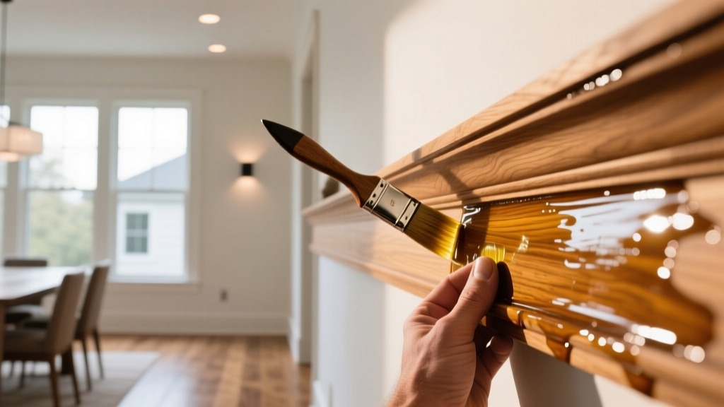 Close-up of a craftsman applying clear penetrating oil finish to intricate oak crown moulding in a sunlit, renovated dining room