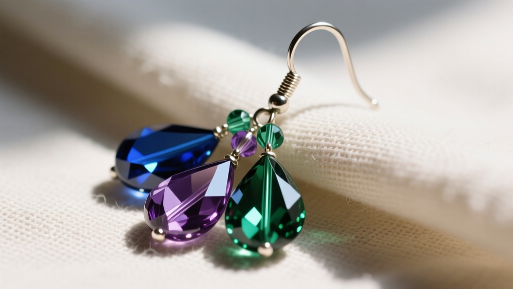 Macro shot of a beaded dangle earring with faceted Czech glass teardrops and a titanium ear wire resting on natural linen cloth