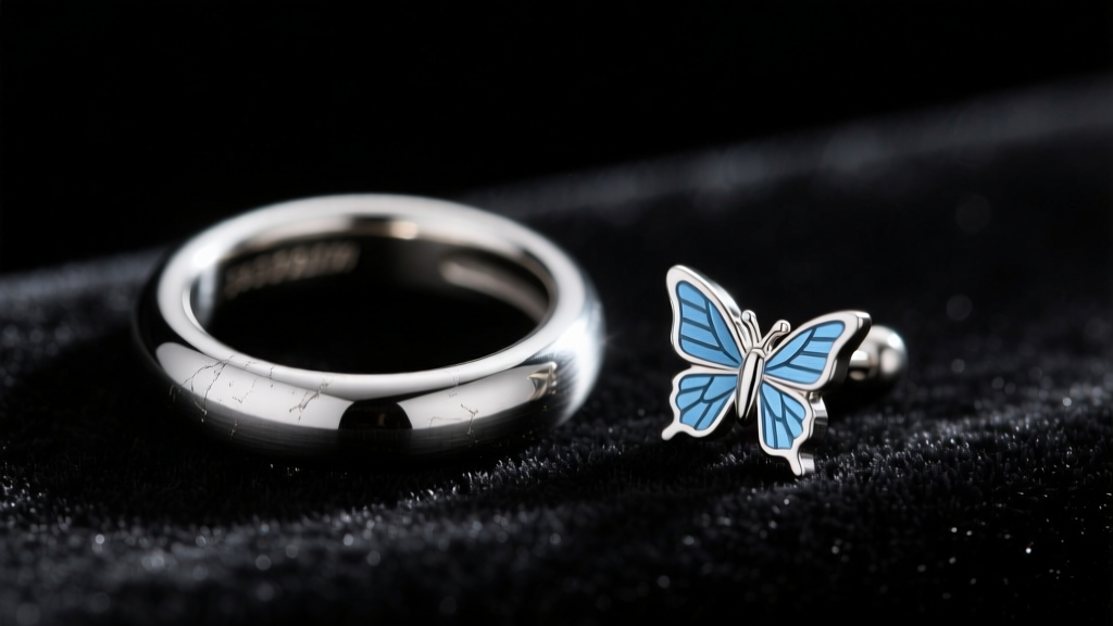 Macro shot of a 14-gauge titanium hoop and a 20-gauge steel butterfly stud side by side on dark velvet, showing high detail focus.