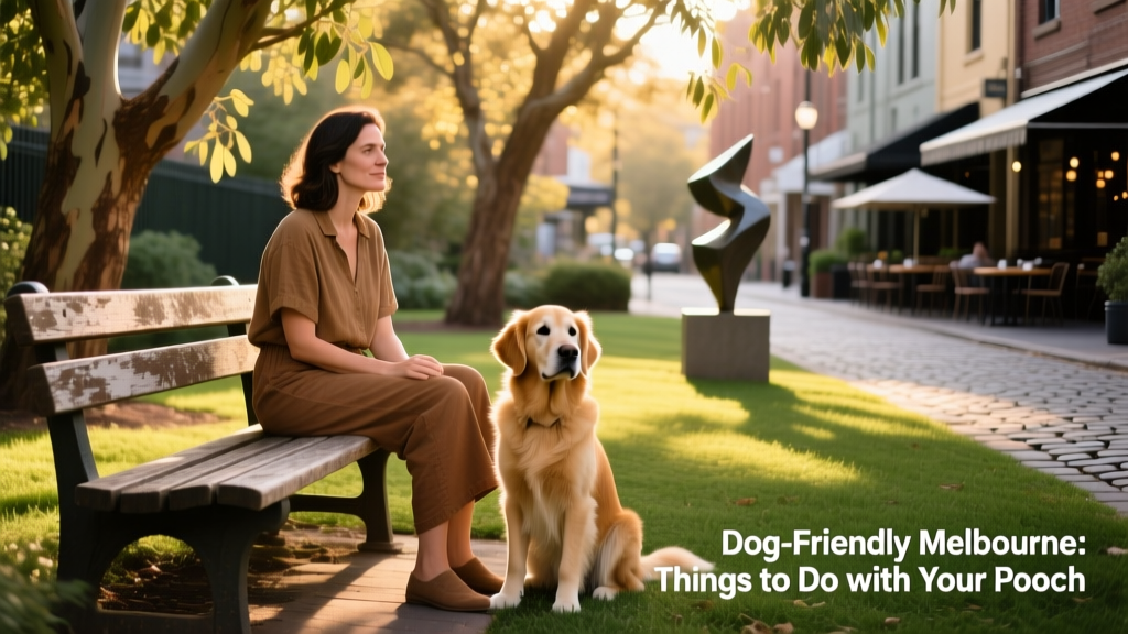 a woman sitting on a park bench behind her calm, seated dog in a leafy Melbourne park