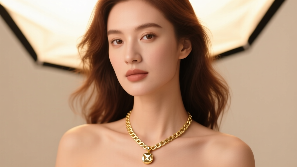 Close-up of a woman wearing a 14k gold solitaire pendant and herringbone chain under soft, warm studio lighting.