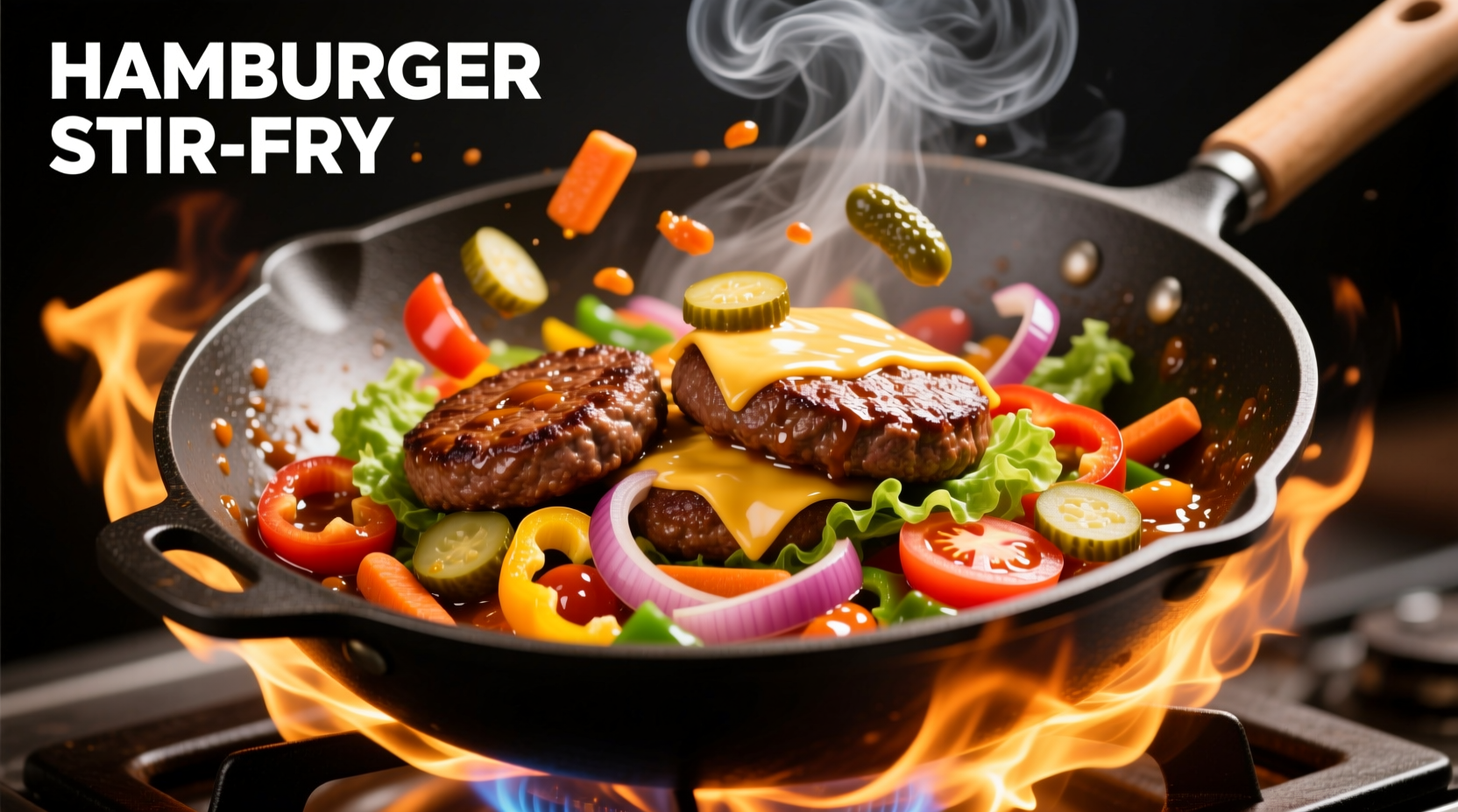 Colorful hamburger stir-fry in wok with vegetables