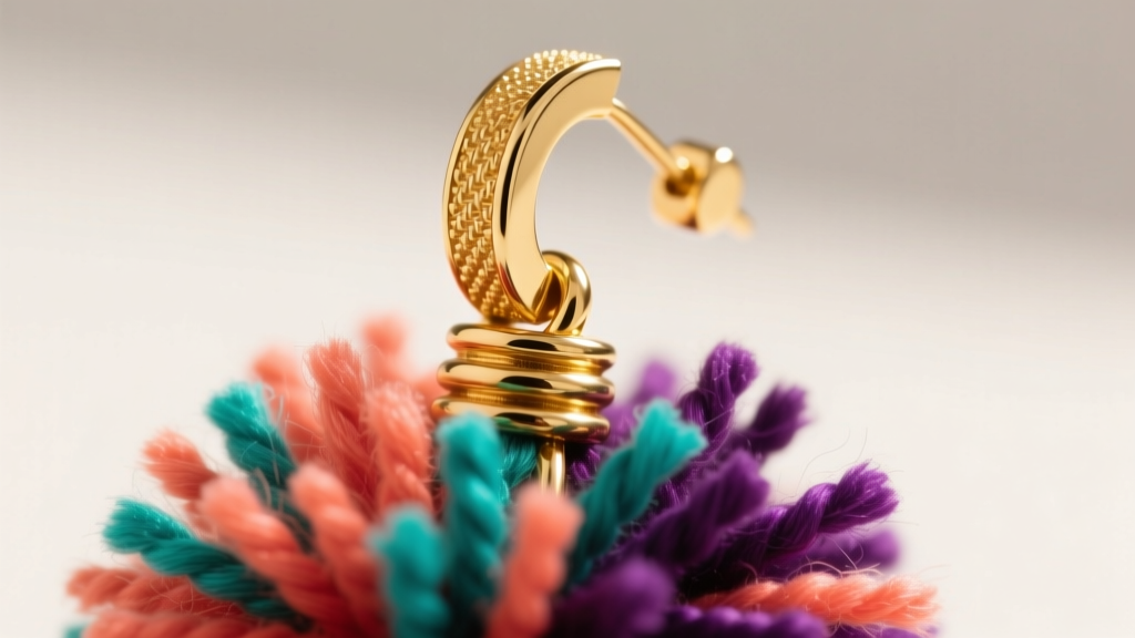 Close-up of a gold vermeil crimped cap on a pom pom earring, showing mechanical tension grips securing dense synthetic fibers