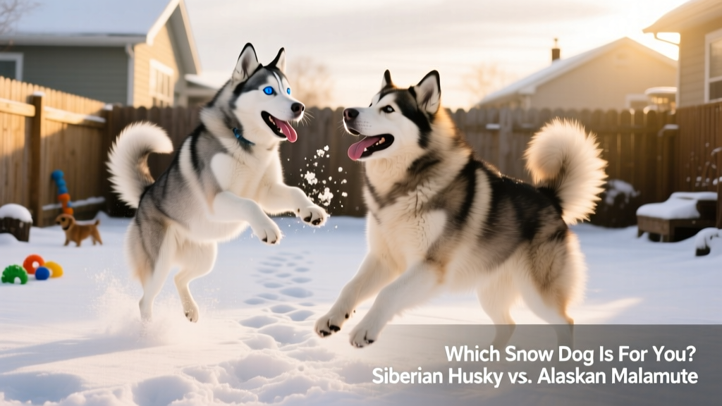 A Siberian Husky and an Alaskan Malamute playing together in a snowy backyard