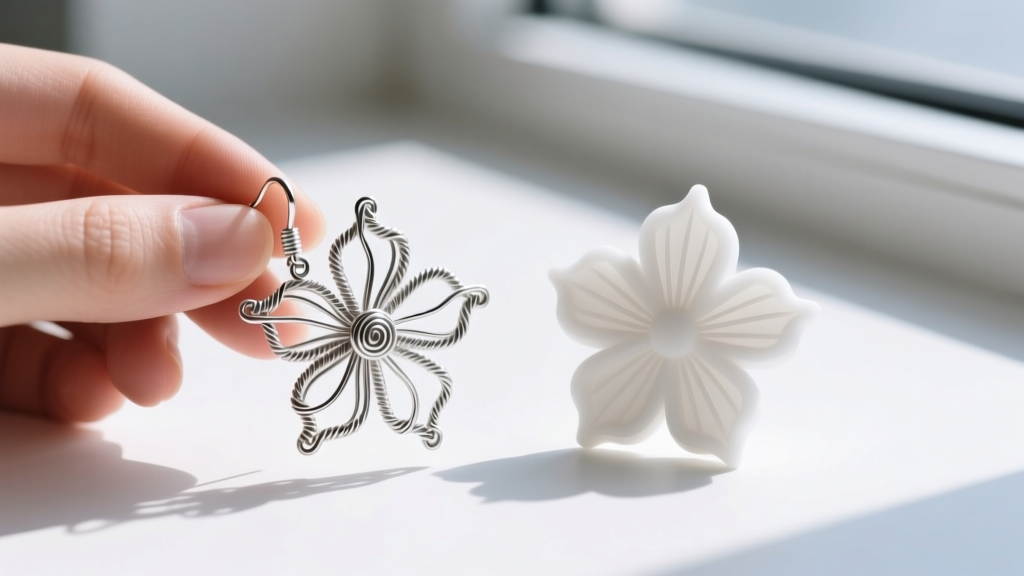 Profile of a hand-wired floral Hobe earring next to a cast replica, highlighting differences in prong depth and sterling wirework.