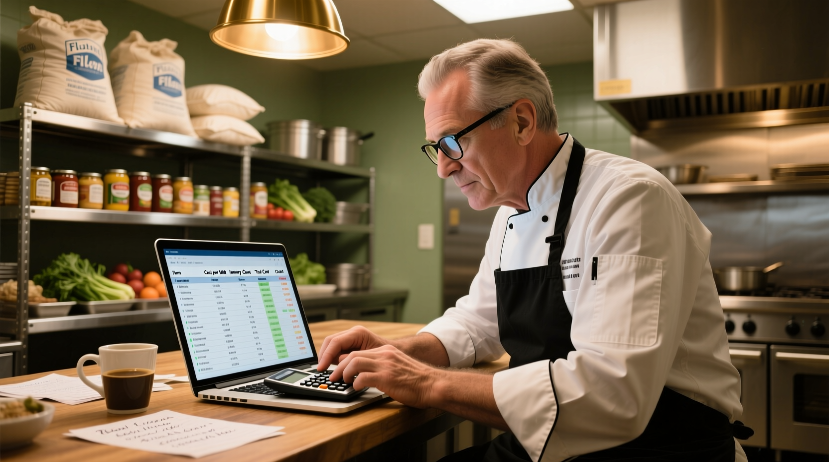 Restaurant manager calculating food costs with inventory spreadsheet